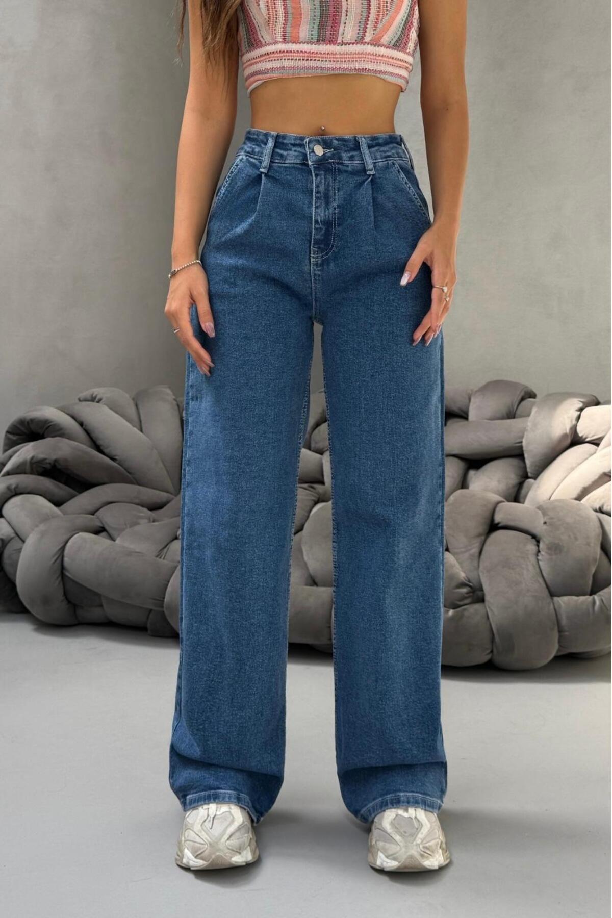 Kadın Yüksek Bel Wide Leg Salaş Pileli Palazzo Jeans Pantolon Mavi - MALLTURK