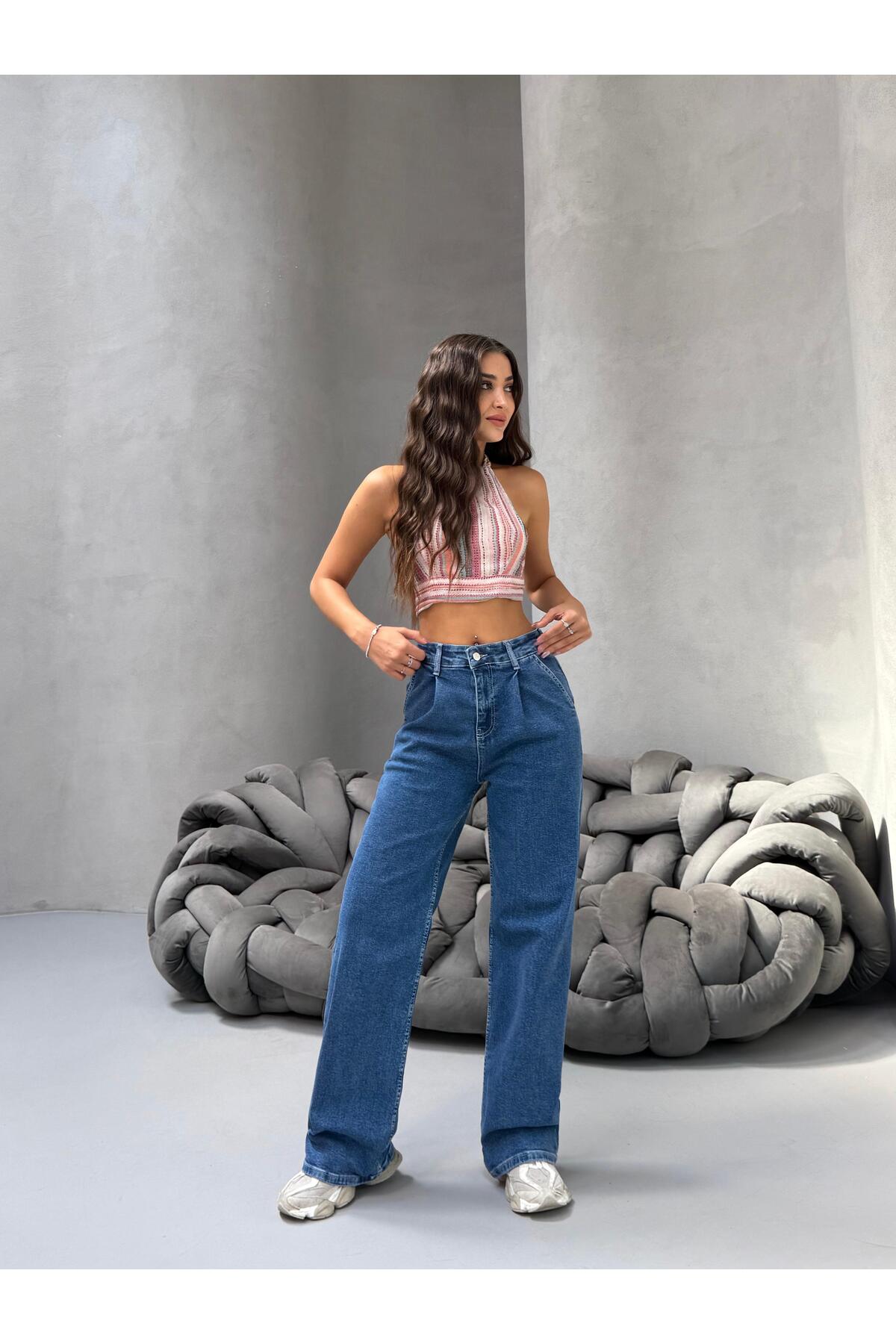 Kadın Yüksek Bel Wide Leg Salaş Pileli Palazzo Jeans Pantolon Mavi - MALLTURK