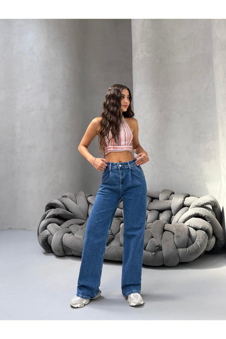 Kadın Yüksek Bel Wide Leg Salaş Pileli Palazzo Jeans Pantolon Mavi - MALLTURK