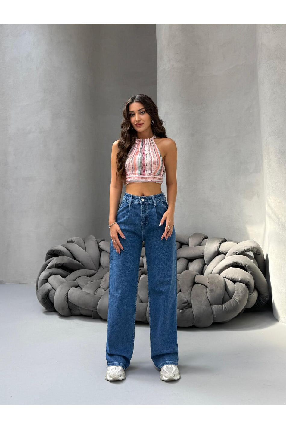 Kadın Yüksek Bel Wide Leg Salaş Pileli Palazzo Jeans Pantolon Mavi - MALLTURK