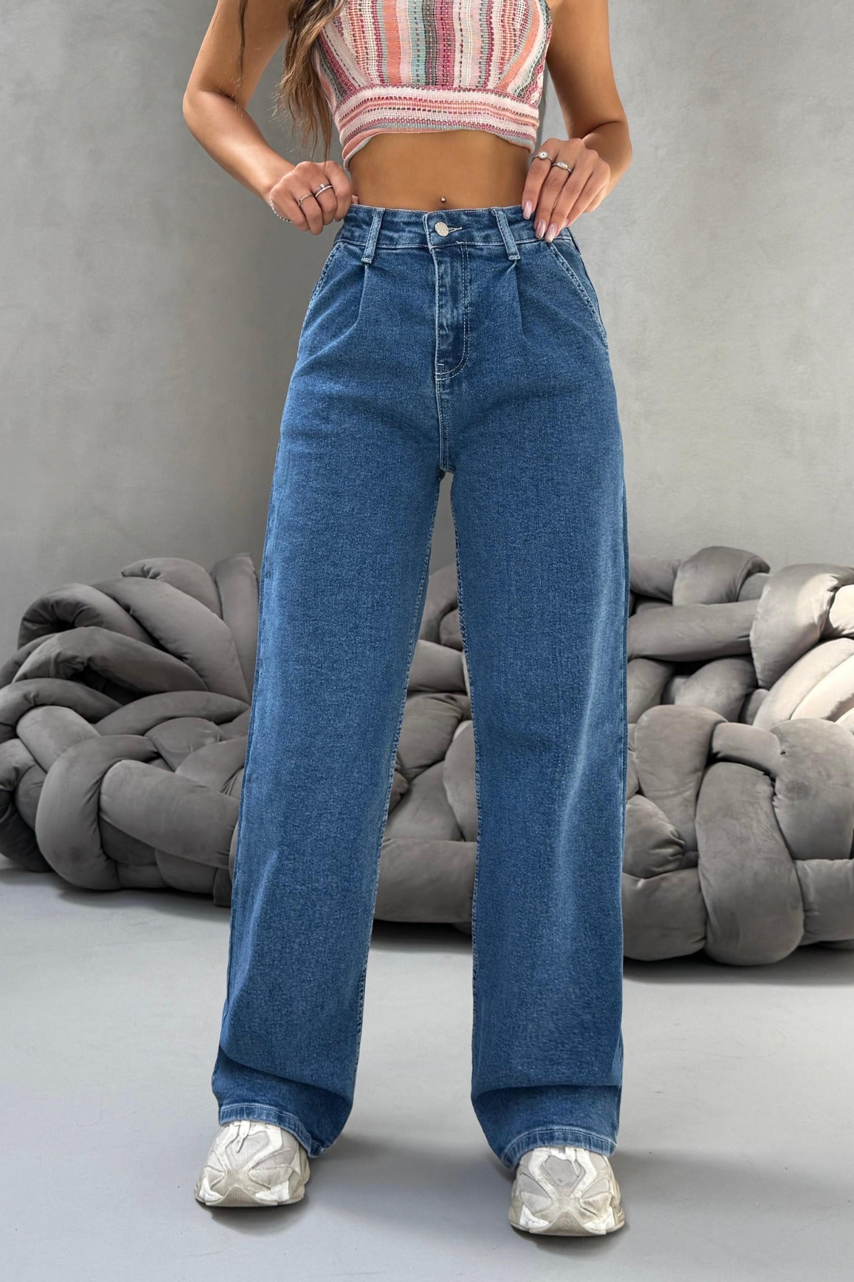 Kadın Yüksek Bel Wide Leg Salaş Pileli Palazzo Jeans Pantolon Mavi - MALLTURK