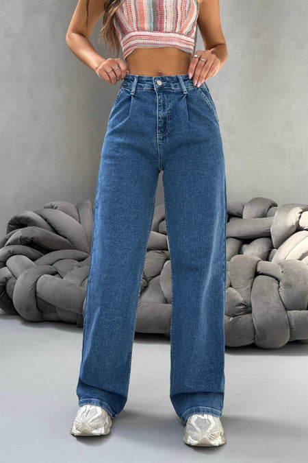 Kadın Yüksek Bel Wide Leg Salaş Pileli Palazzo Jeans Pantolon Mavi - MALLTURK