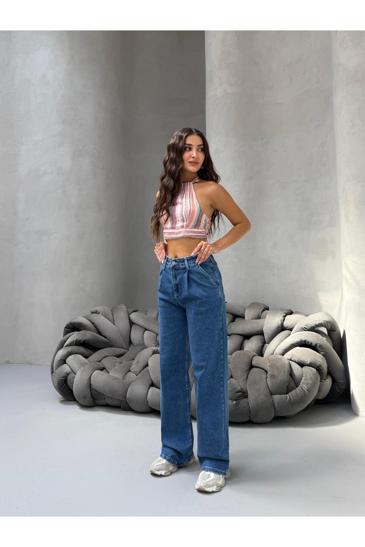 Kadın Yüksek Bel Wide Leg Salaş Pileli Palazzo Jeans Pantolon Mavi - MALLTURK