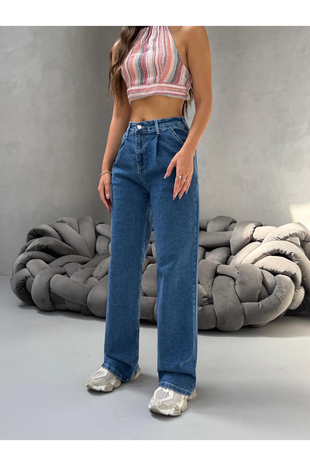 Kadın Yüksek Bel Wide Leg Salaş Pileli Palazzo Jeans Pantolon Mavi - MALLTURK