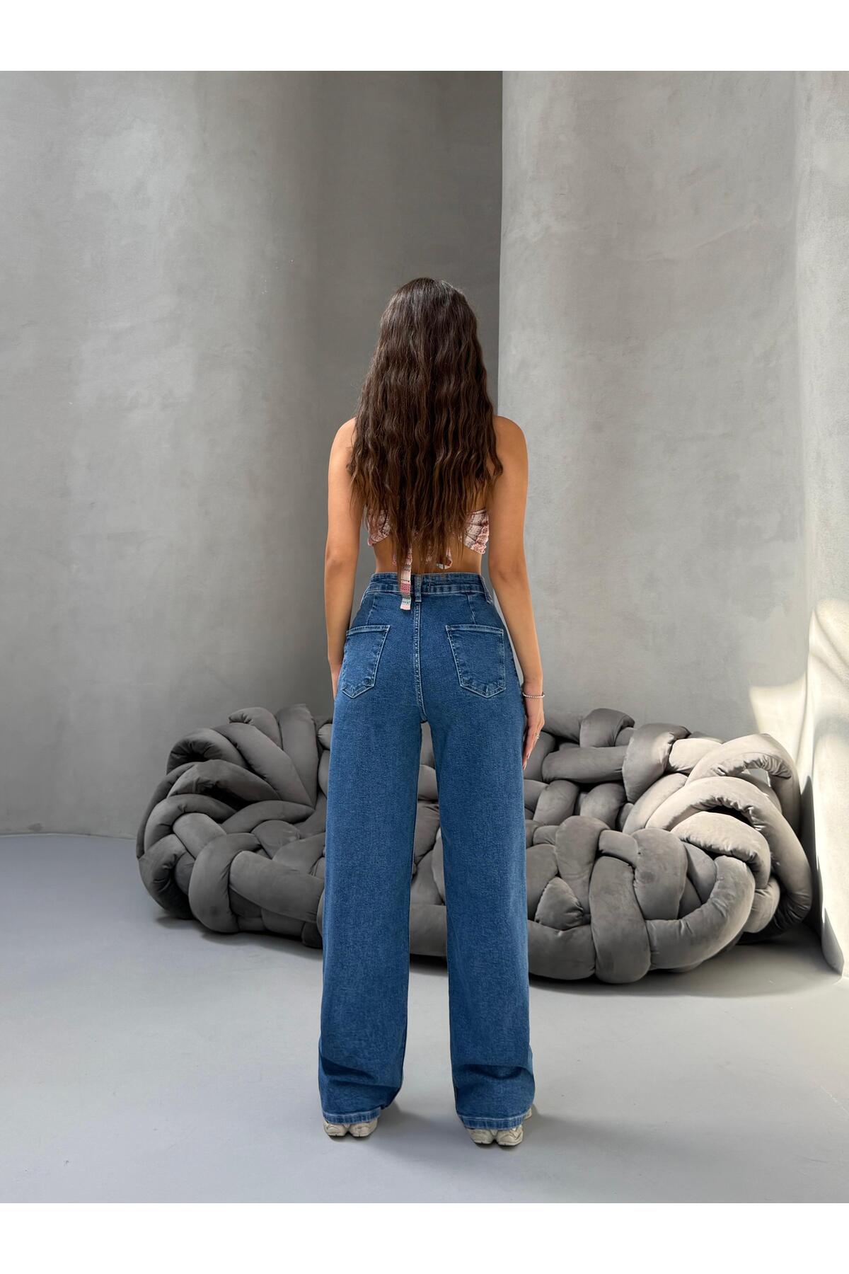 Kadın Yüksek Bel Wide Leg Salaş Pileli Palazzo Jeans Pantolon Mavi - MALLTURK