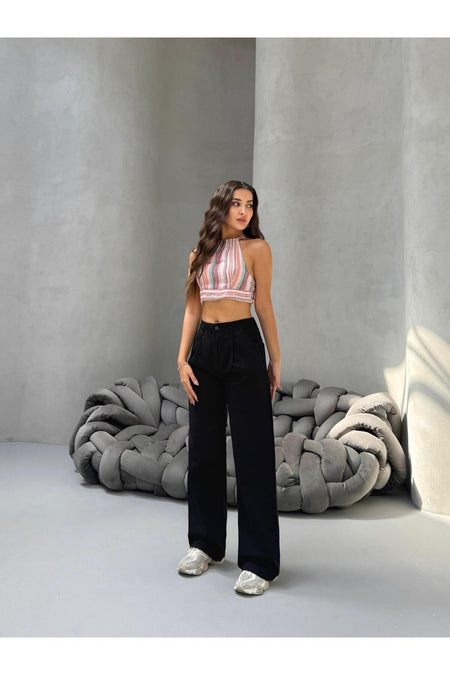 Kadın Yüksek Bel Wide Leg Salaş Pileli Palazzo Jeans Pantolon Siyah - MALLTURK