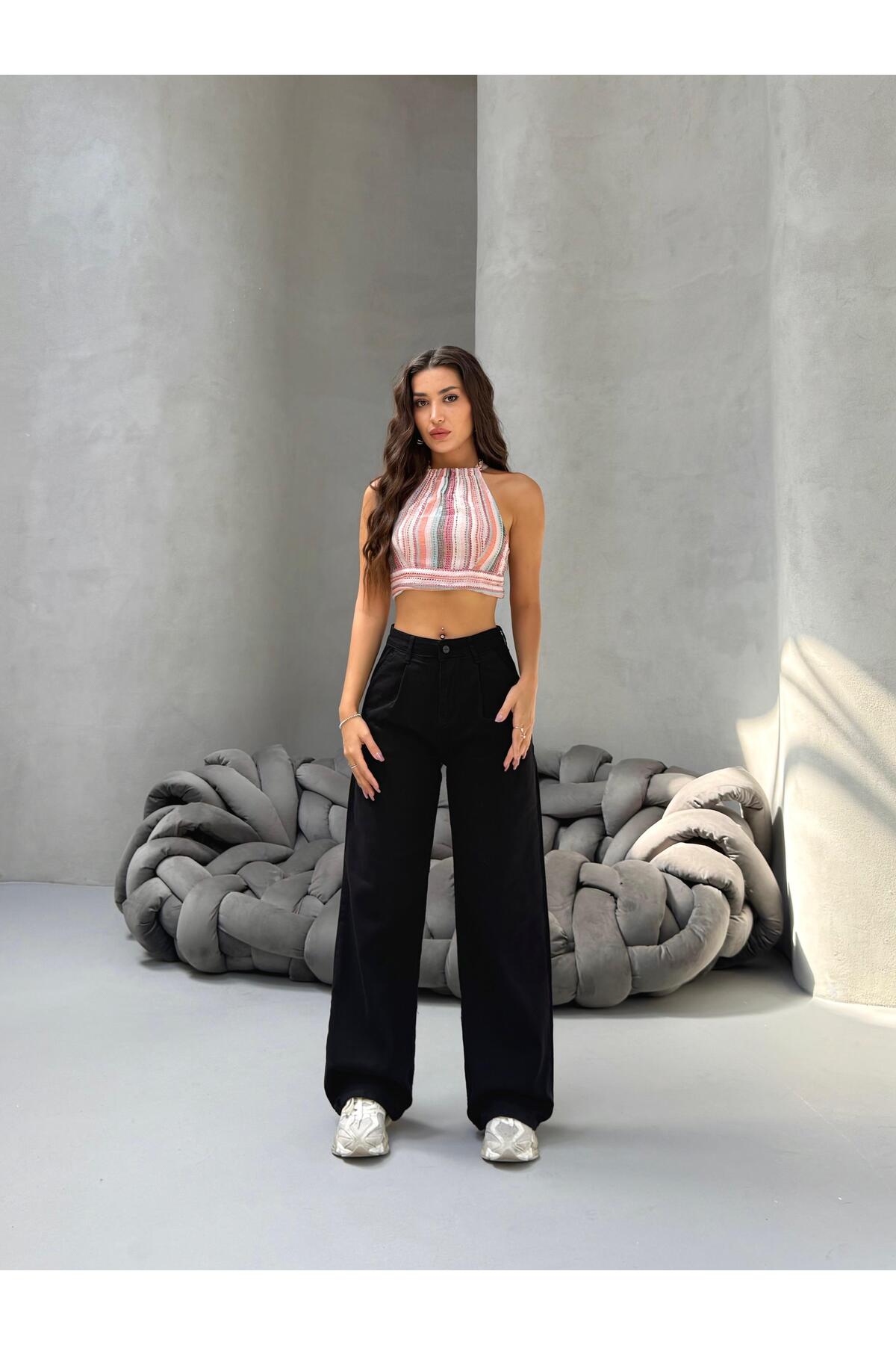 Kadın Yüksek Bel Wide Leg Salaş Pileli Palazzo Jeans Pantolon Siyah - MALLTURK