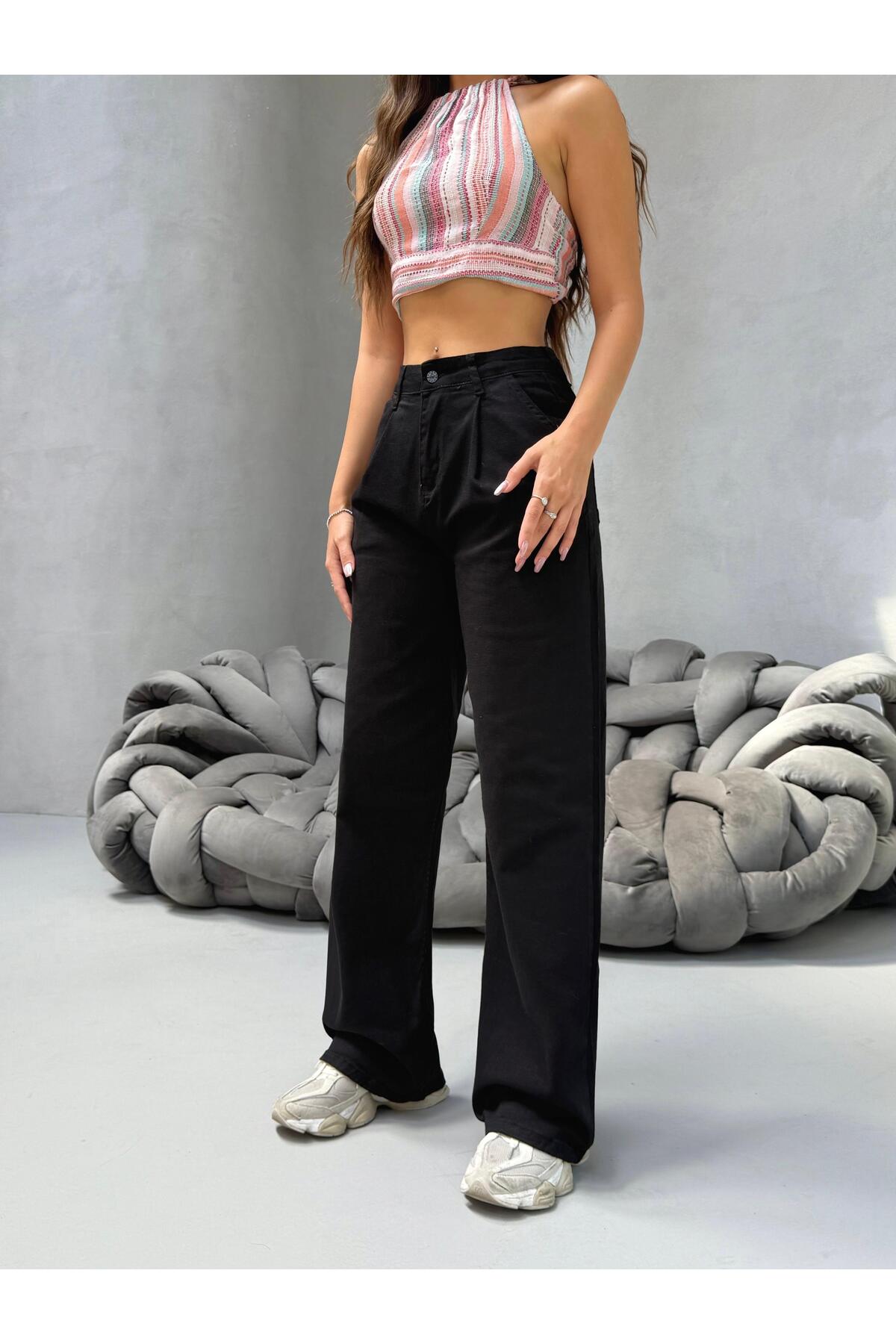 Kadın Yüksek Bel Wide Leg Salaş Pileli Palazzo Jeans Pantolon Siyah - MALLTURK