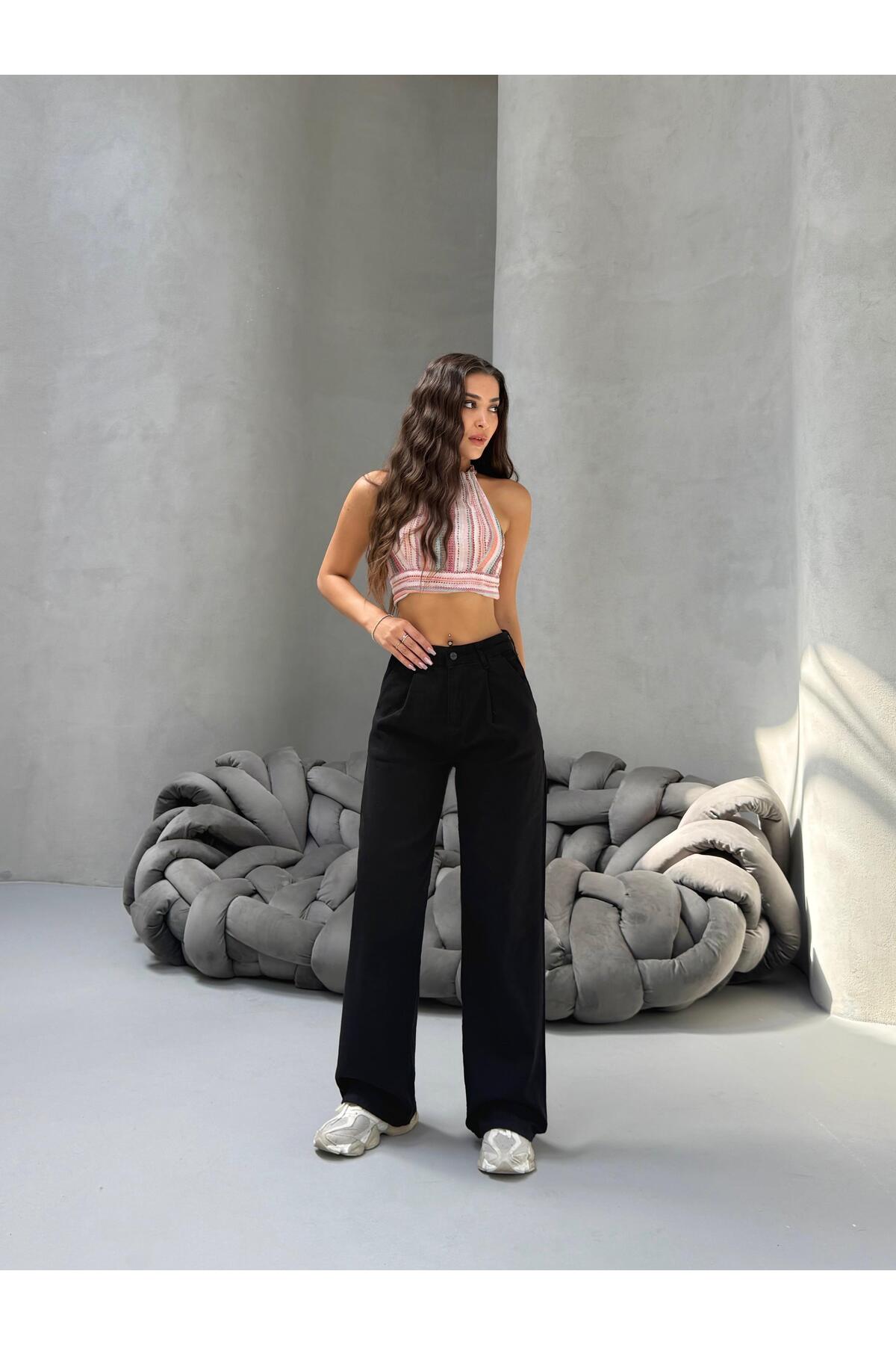 Kadın Yüksek Bel Wide Leg Salaş Pileli Palazzo Jeans Pantolon Siyah - MALLTURK