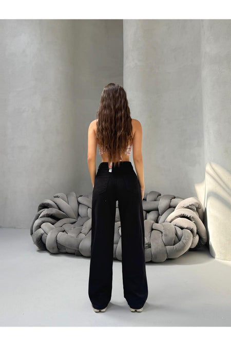 Kadın Yüksek Bel Wide Leg Salaş Pileli Palazzo Jeans Pantolon Siyah - MALLTURK