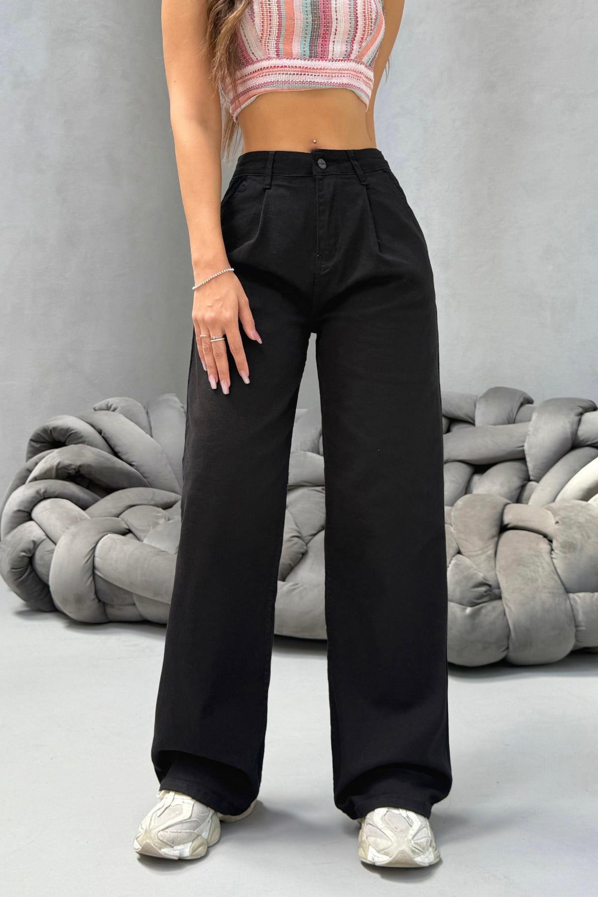 Kadın Yüksek Bel Wide Leg Salaş Pileli Palazzo Jeans Pantolon Siyah - MALLTURK