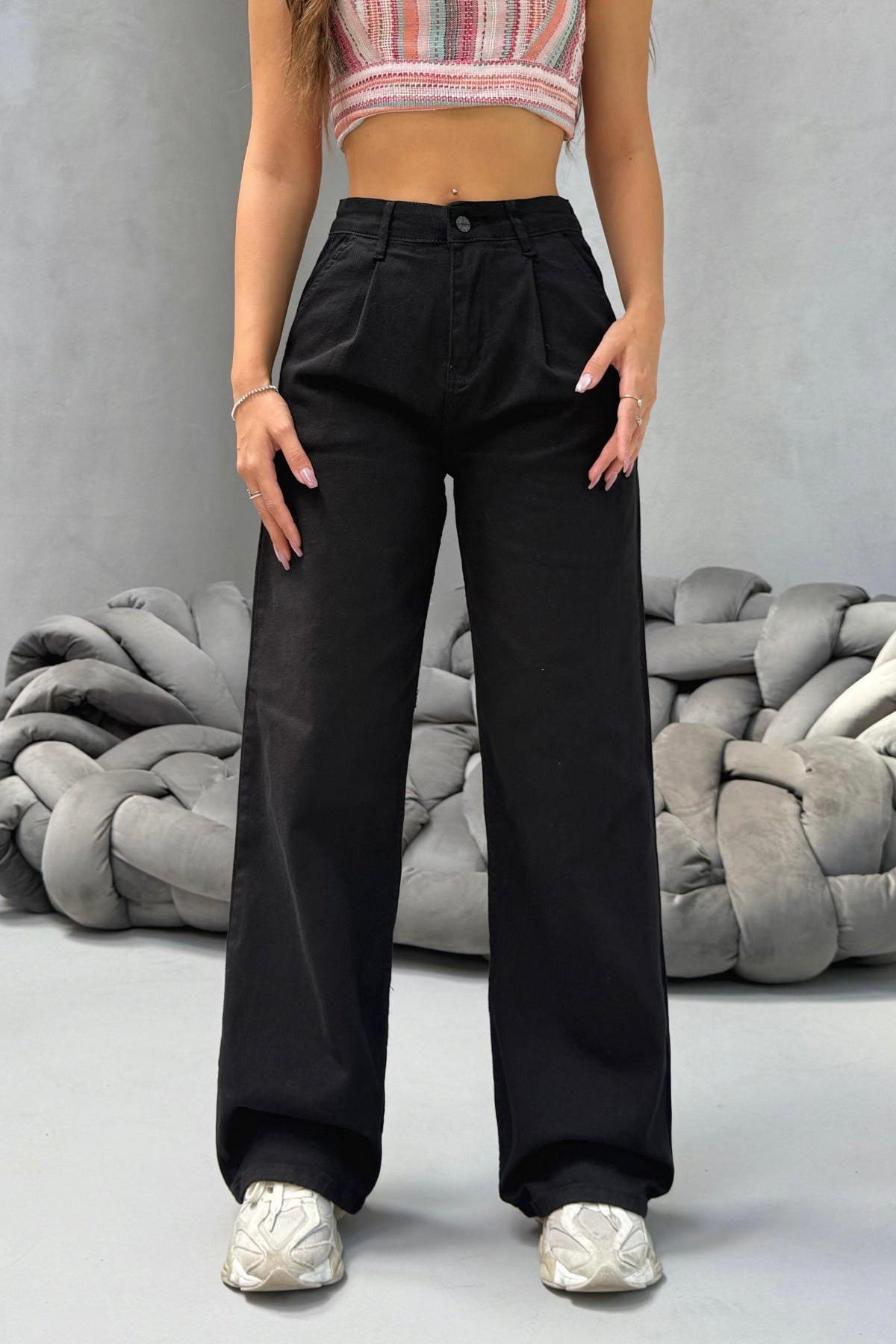 Kadın Yüksek Bel Wide Leg Salaş Pileli Palazzo Jeans Pantolon Siyah - MALLTURK