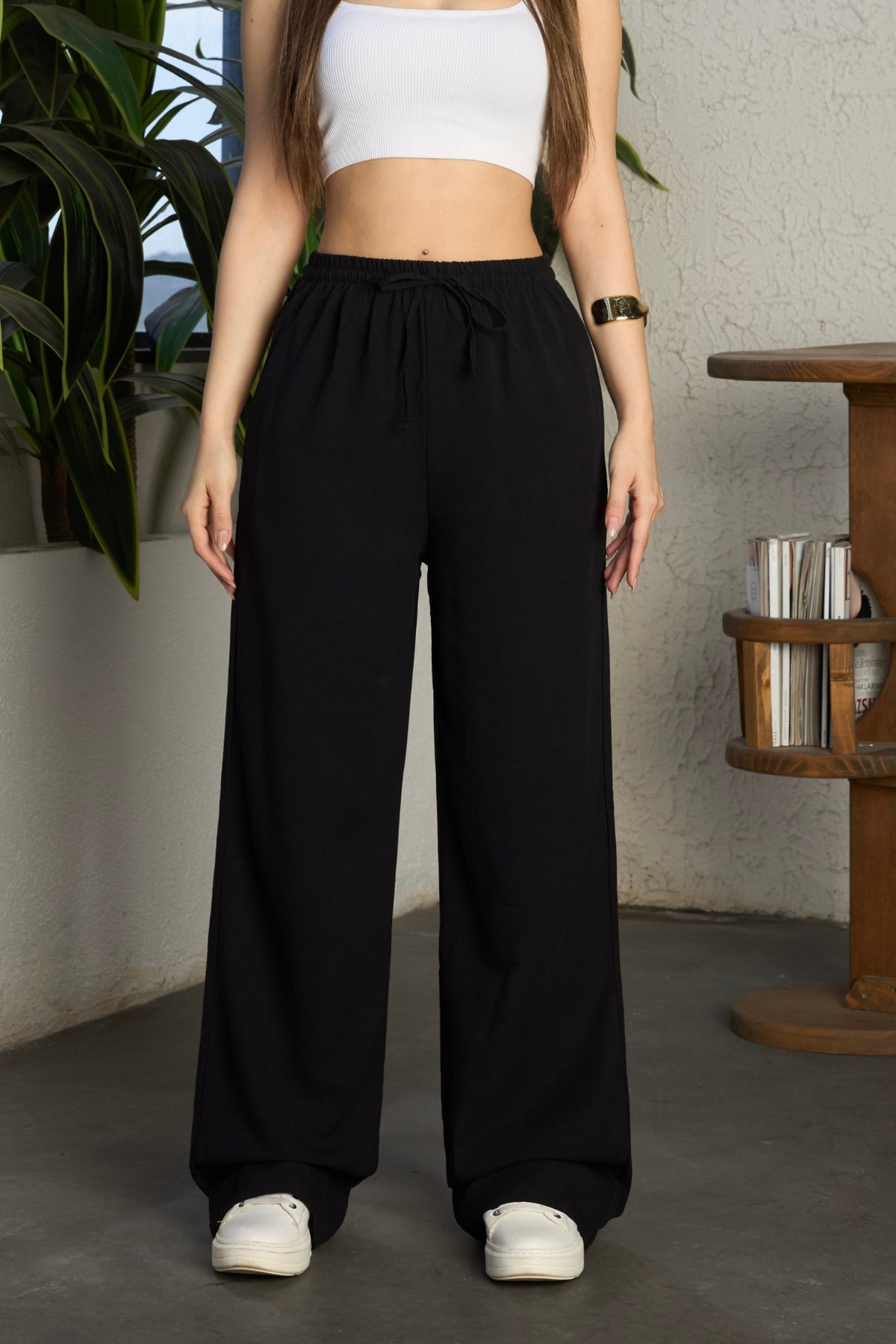 Kadın Yüksel Bel Keten Karışımlı Palazzo Salaş Pantolon SİYAH - MALLTURK