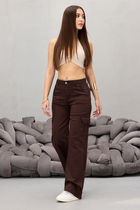Kahve Kargo Cepli Likralı Yüksek Bel Wide Leg Pantolon - MALLTURK