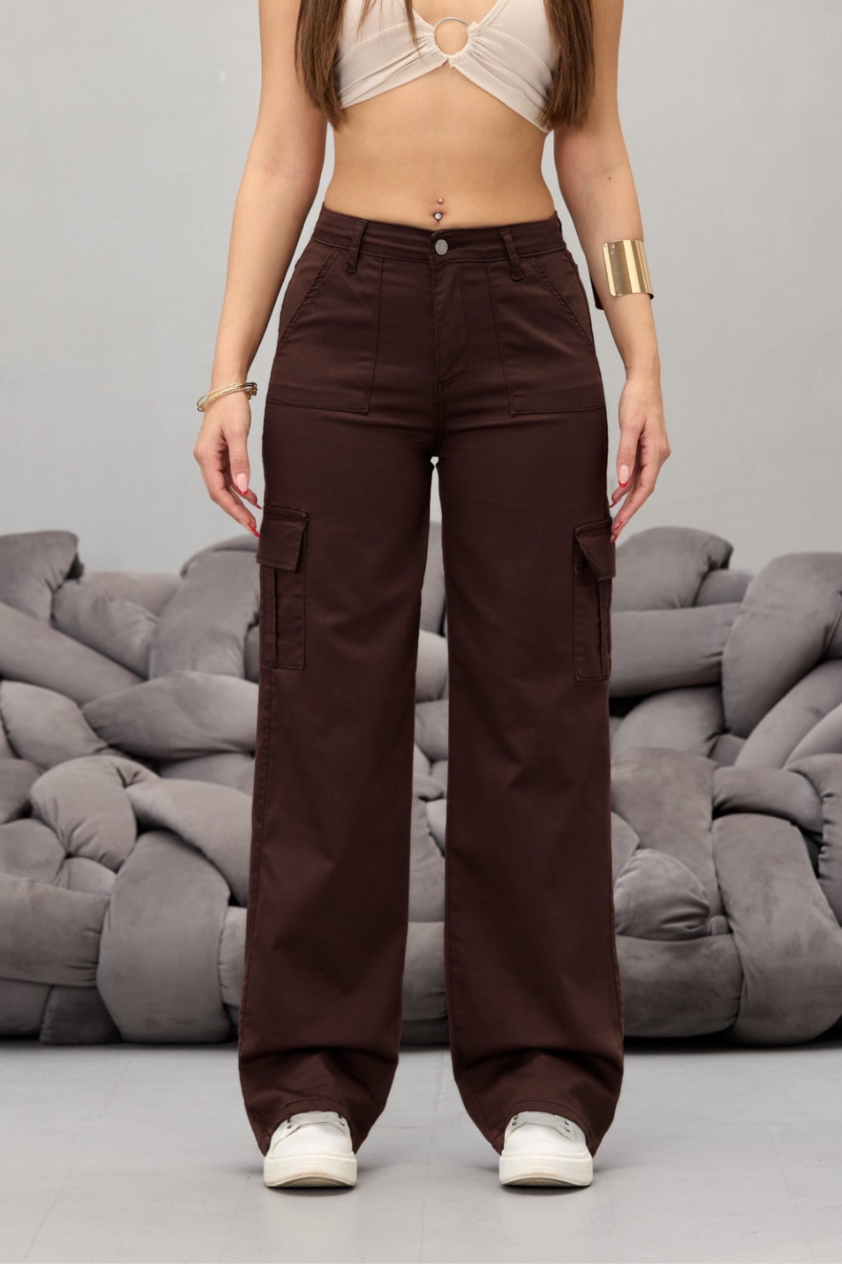 Kahve Kargo Cepli Likralı Yüksek Bel Wide Leg Pantolon - MALLTURK