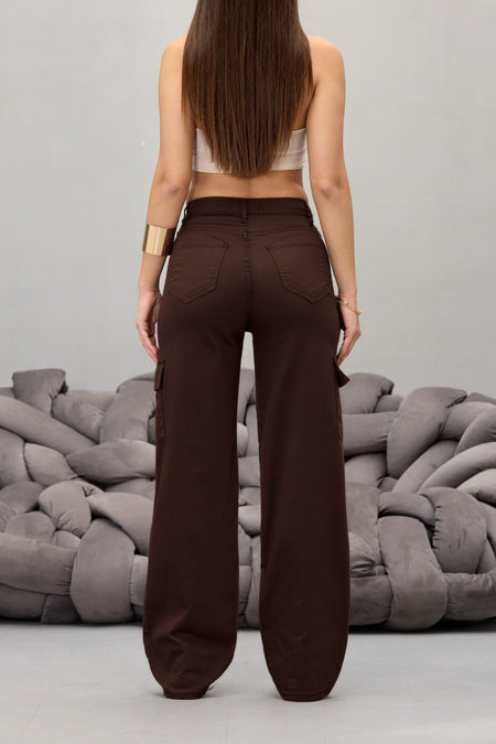 Kahve Kargo Cepli Likralı Yüksek Bel Wide Leg Pantolon - MALLTURK