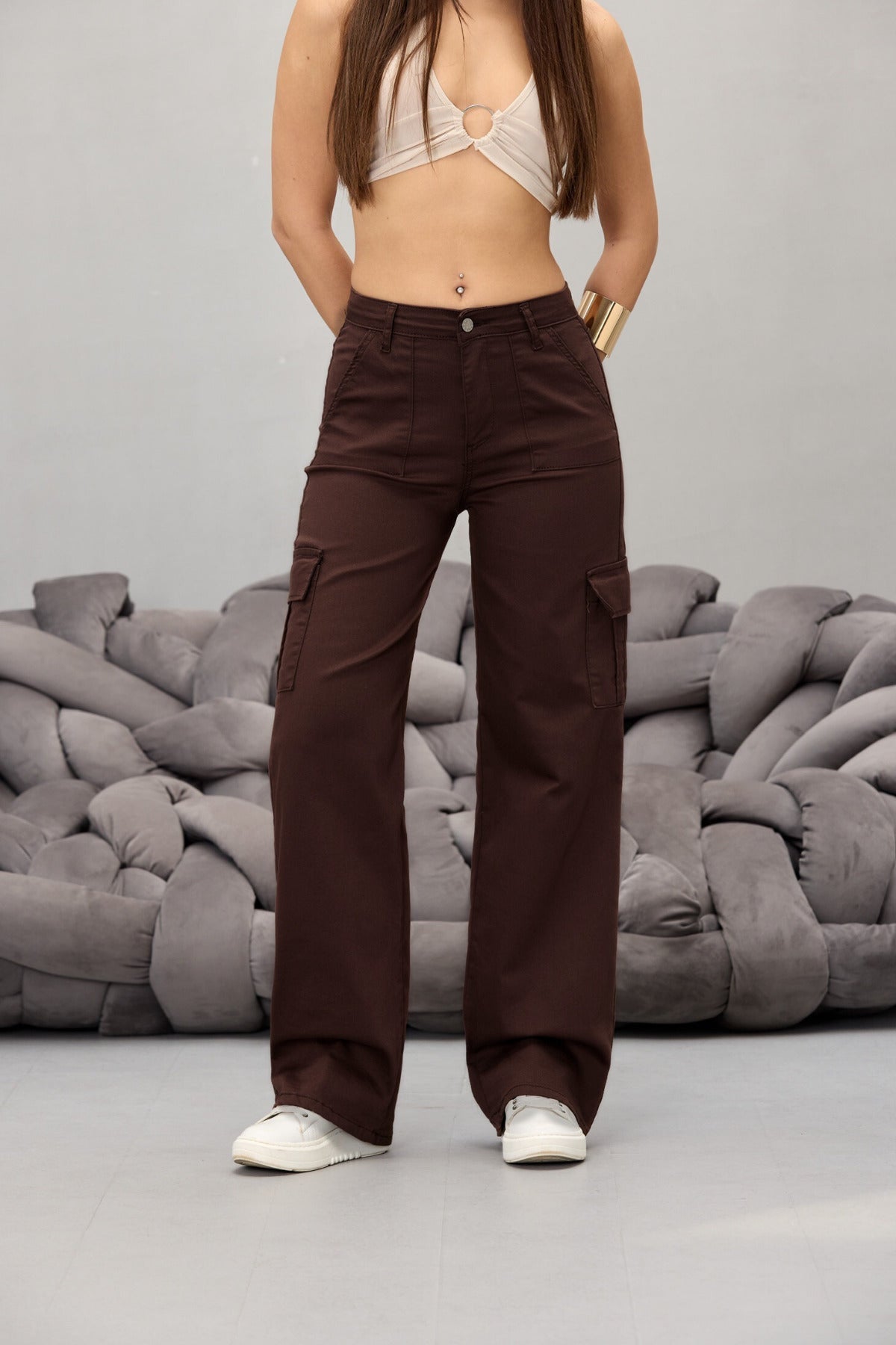 Kahve Kargo Cepli Likralı Yüksek Bel Wide Leg Pantolon - MALLTURK