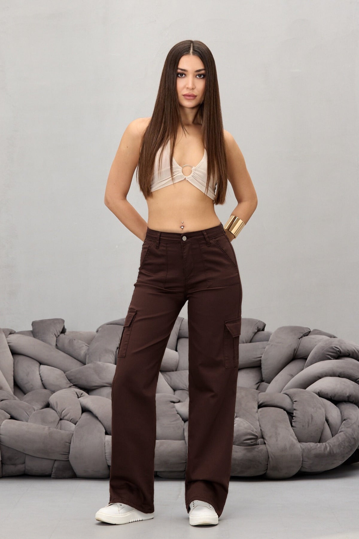 Kahve Kargo Cepli Likralı Yüksek Bel Wide Leg Pantolon - MALLTURK