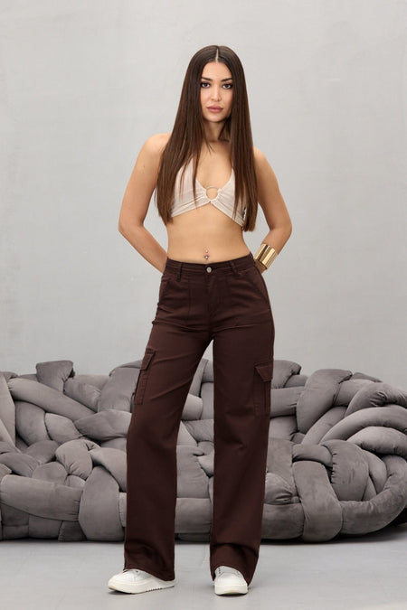Kahve Kargo Cepli Likralı Yüksek Bel Wide Leg Pantolon - MALLTURK