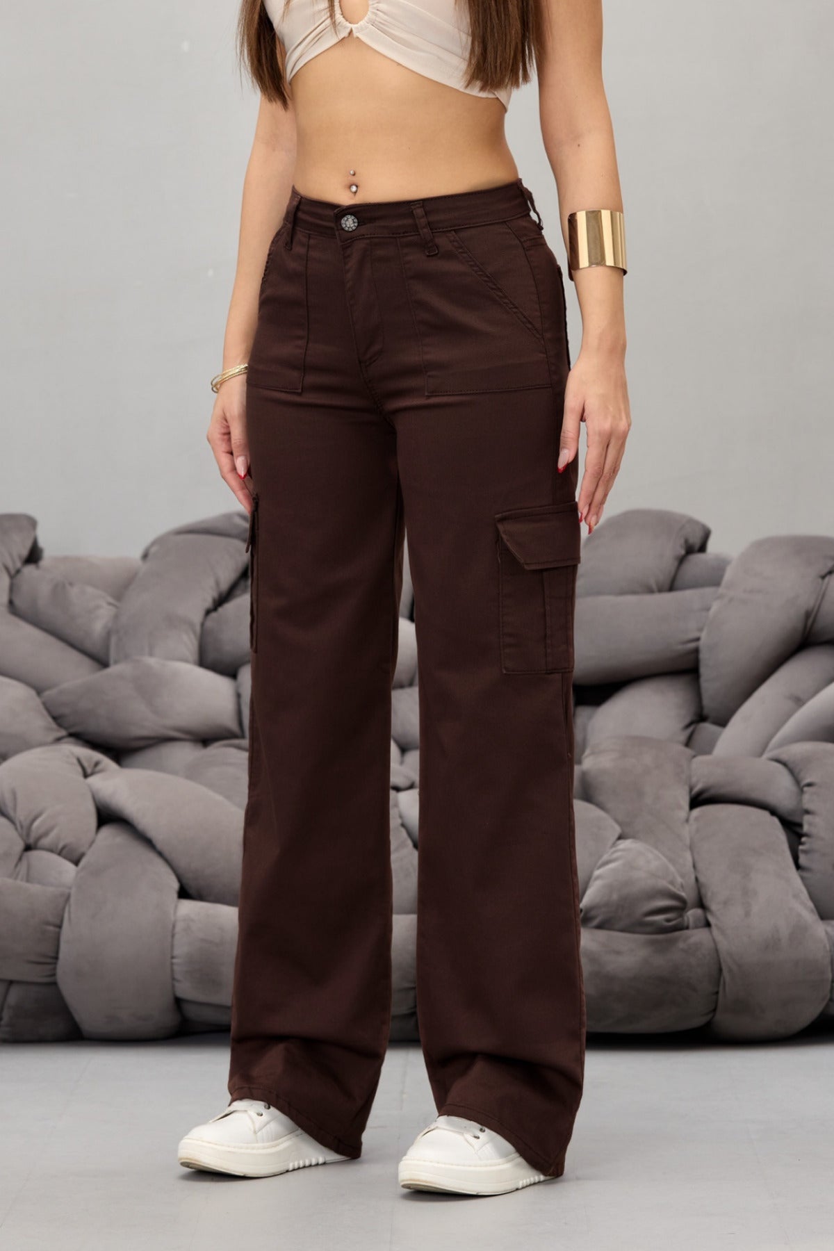Kahve Kargo Cepli Likralı Yüksek Bel Wide Leg Pantolon - MALLTURK