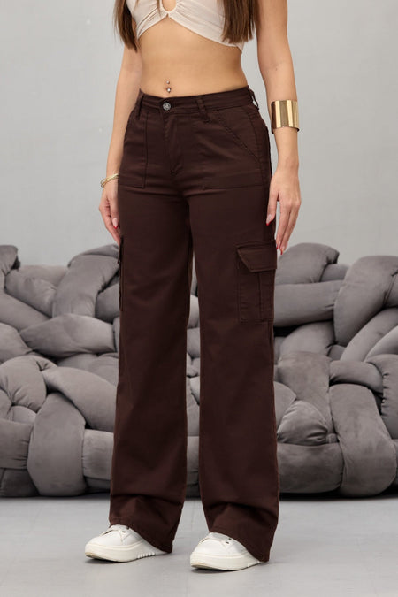 Kahve Kargo Cepli Likralı Yüksek Bel Wide Leg Pantolon - MALLTURK