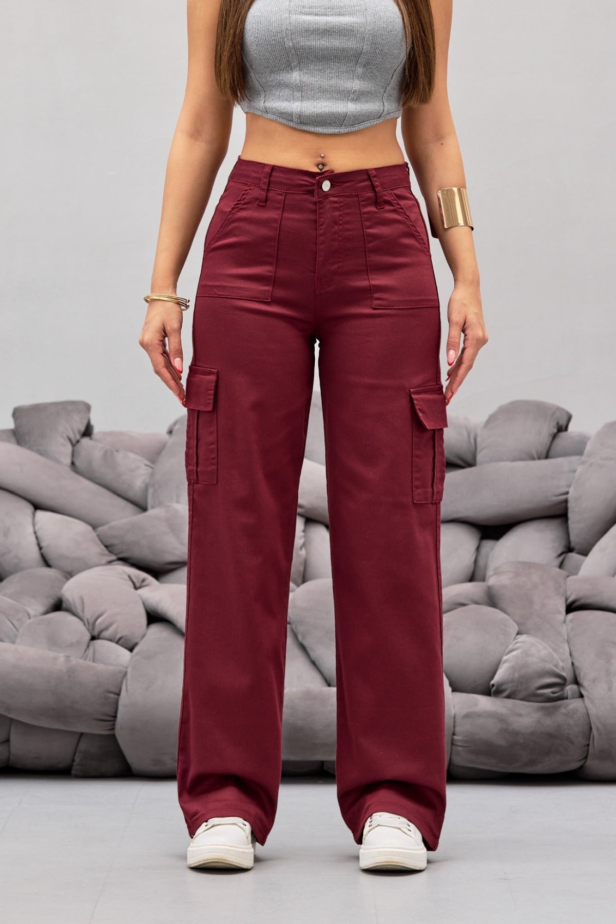 Kahverengi Kargo Cepli Likralı Yüksek Bel Wide Leg Pantolon - MALLTURK