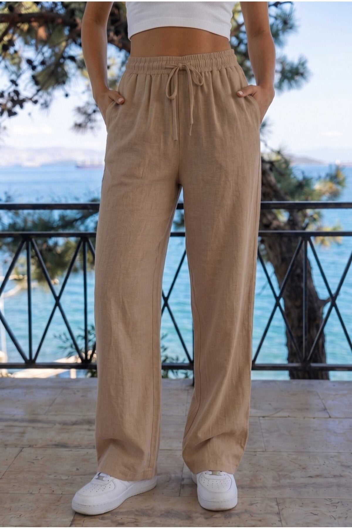 Kahverengi Keten Karışımlı Bol Kesim Beli Lastikli Pantolon - MALLTURK