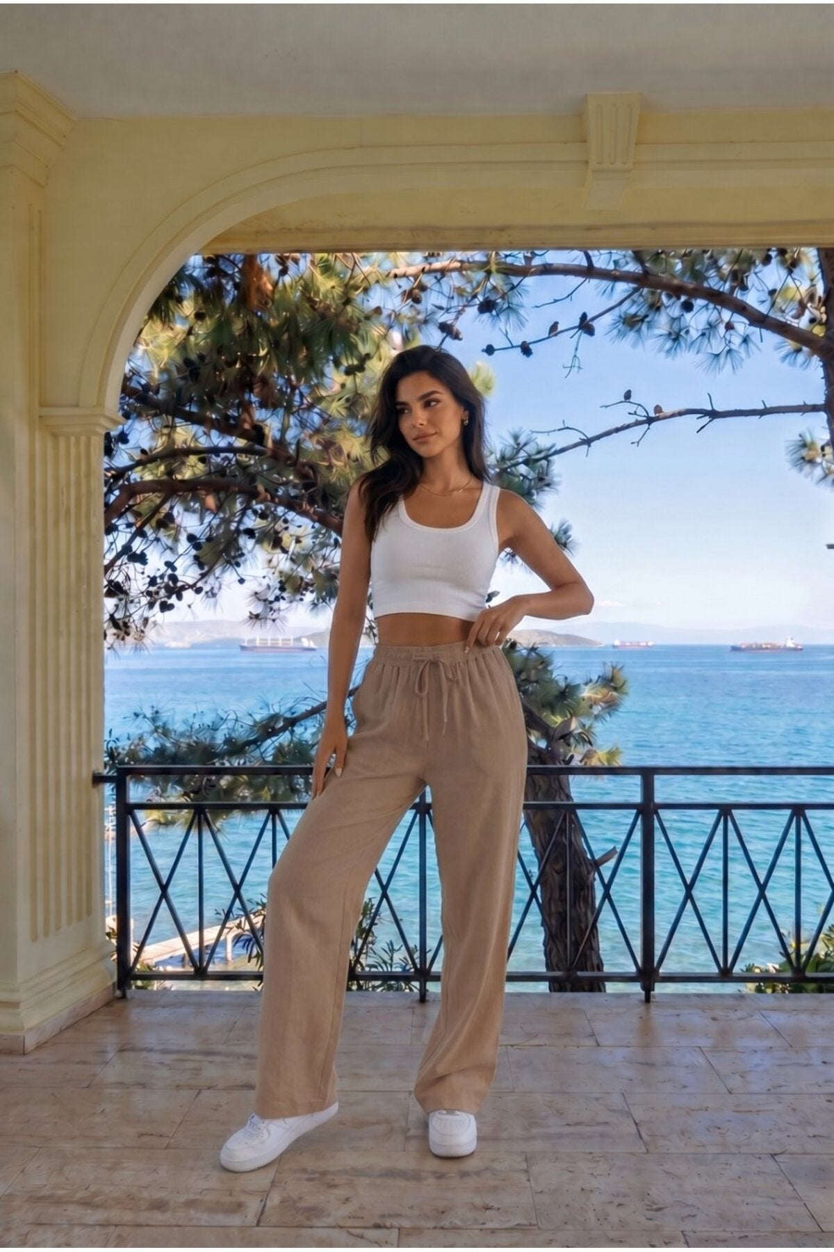 Kahverengi Keten Karışımlı Bol Kesim Beli Lastikli Pantolon - MALLTURK