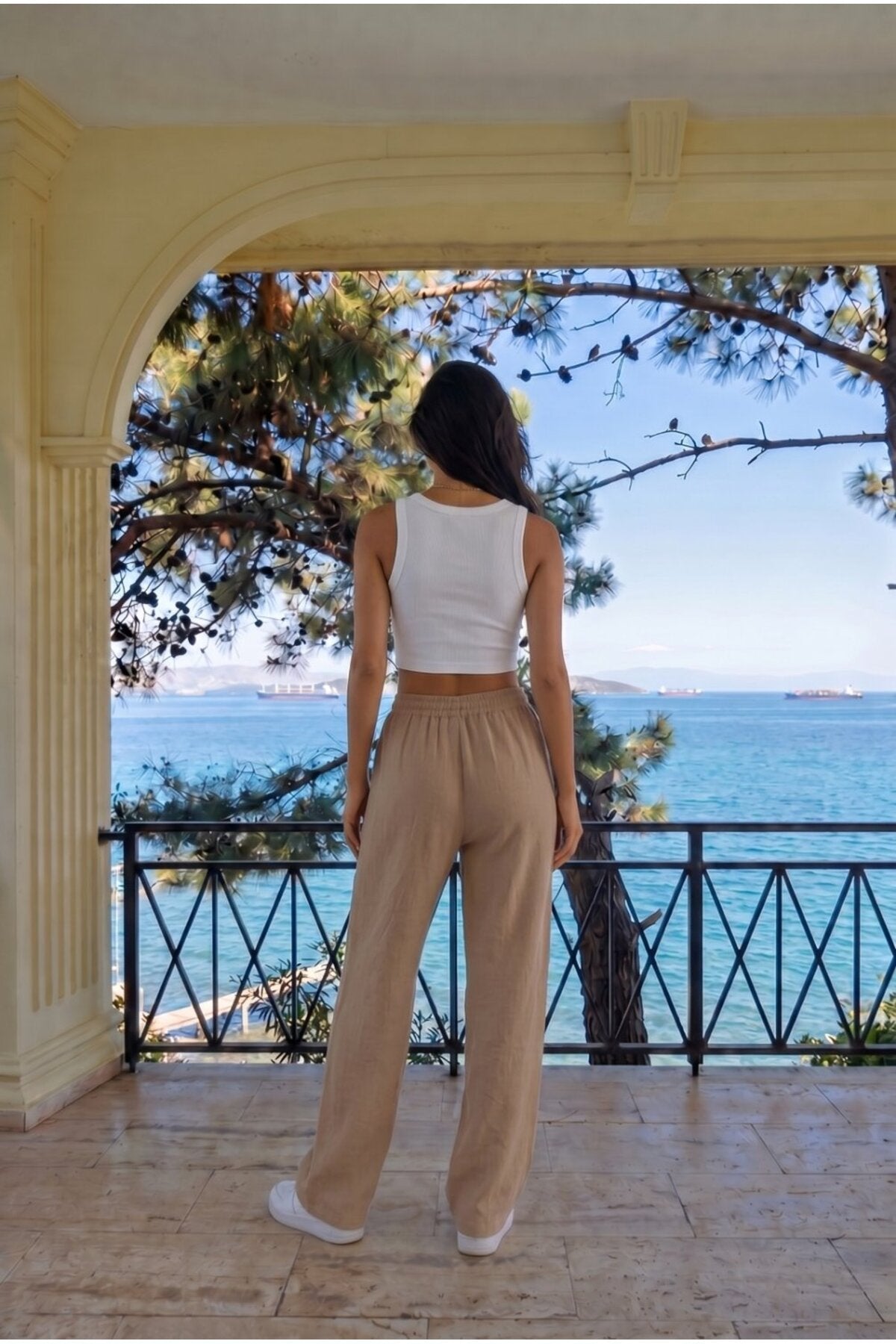 Kahverengi Keten Karışımlı Bol Kesim Beli Lastikli Pantolon - MALLTURK