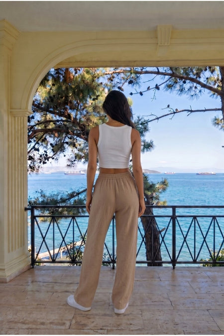Kahverengi Keten Karışımlı Bol Kesim Beli Lastikli Pantolon - MALLTURK