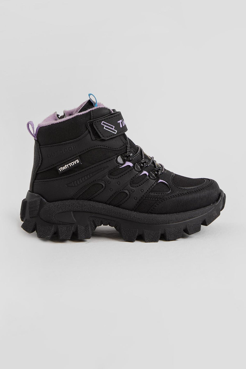 Kalın Kauçuk Taban Lastik Bağcıklı Cırtlı Çocuk Unisex Siyah Lila Outdoor Trekking Bot TBKMN340 - MALLTURK