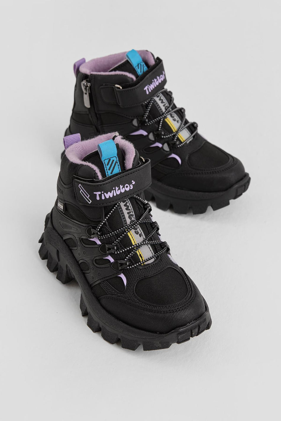 Kalın Kauçuk Taban Lastik Bağcıklı Cırtlı Çocuk Unisex Siyah Lila Outdoor Trekking Bot TBKMN340 - MALLTURK