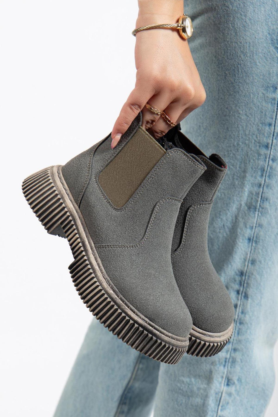 Kalın Tırtıklı Termo Taban Fermuarlı Lastikli Çocuk Unisex Füme Süet Chelsea Bot TBGRF005 - MALLTURK