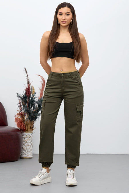 Khaki Cargo Pocket Gabardine Fabric Trousers - MALLTURK