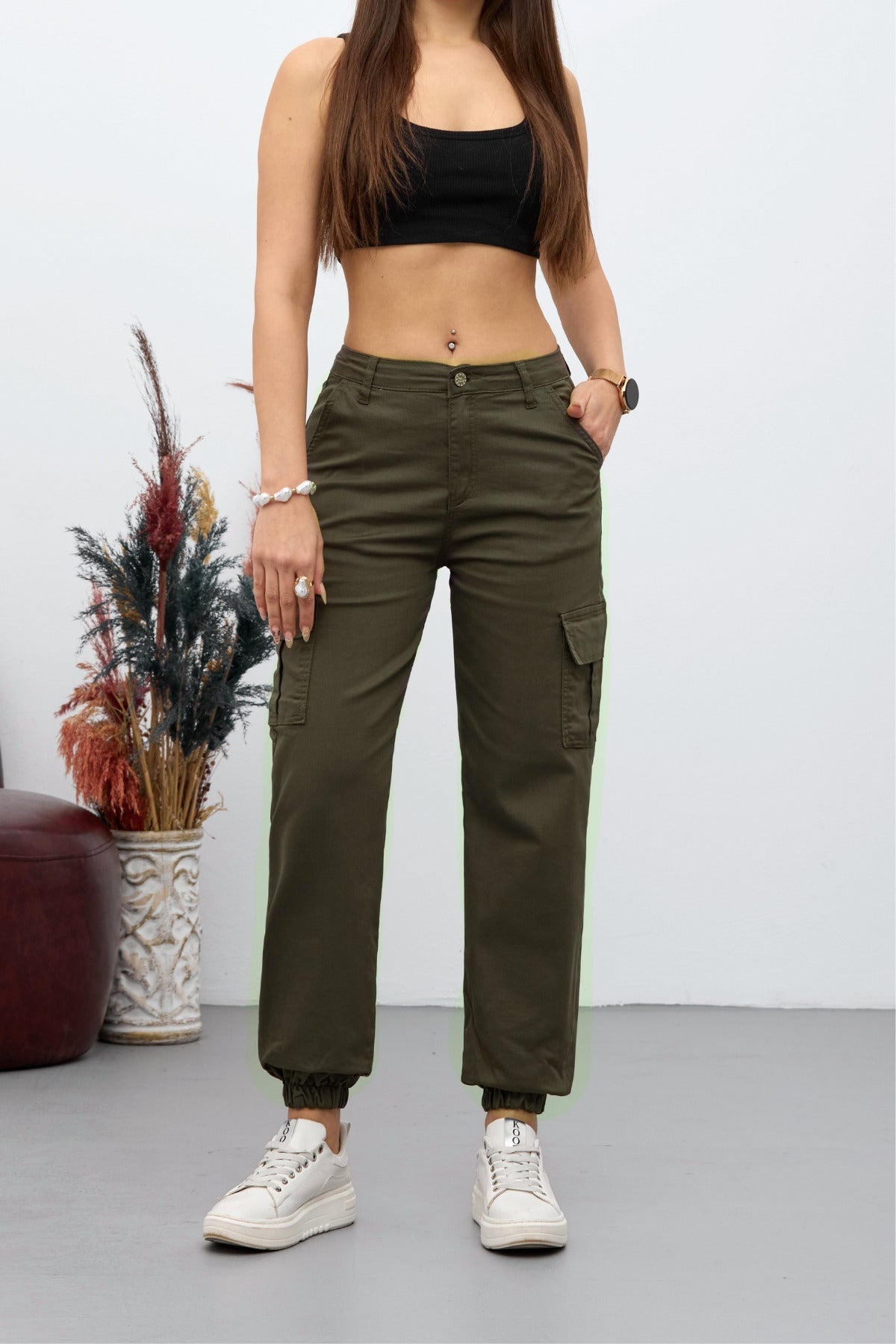 Khaki Cargo Pocket Gabardine Fabric Trousers - MALLTURK