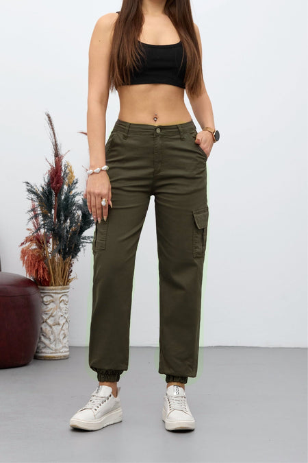 Khaki Cargo Pocket Gabardine Fabric Trousers - MALLTURK