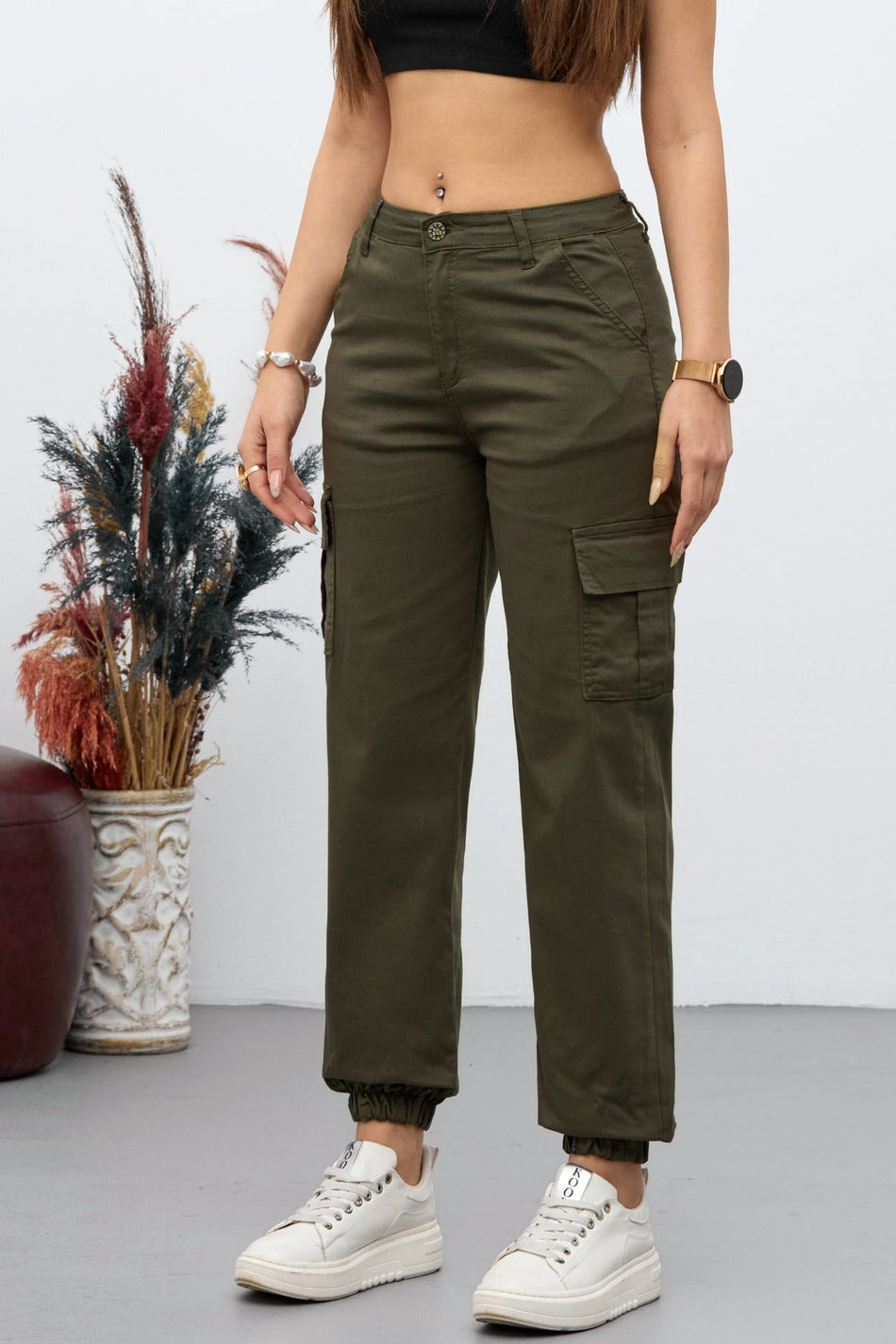 Khaki Cargo Pocket Gabardine Fabric Trousers - MALLTURK