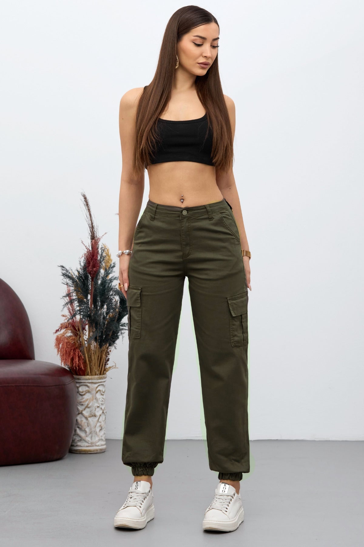 Khaki Cargo Pocket Gabardine Fabric Trousers - MALLTURK
