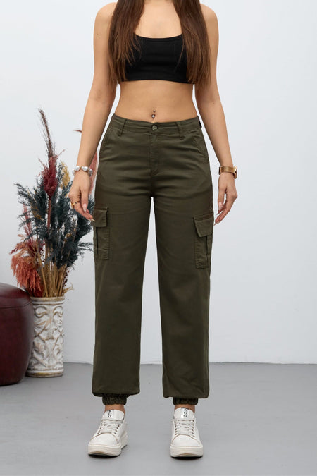 Khaki Cargo Pocket Gabardine Fabric Trousers - MALLTURK