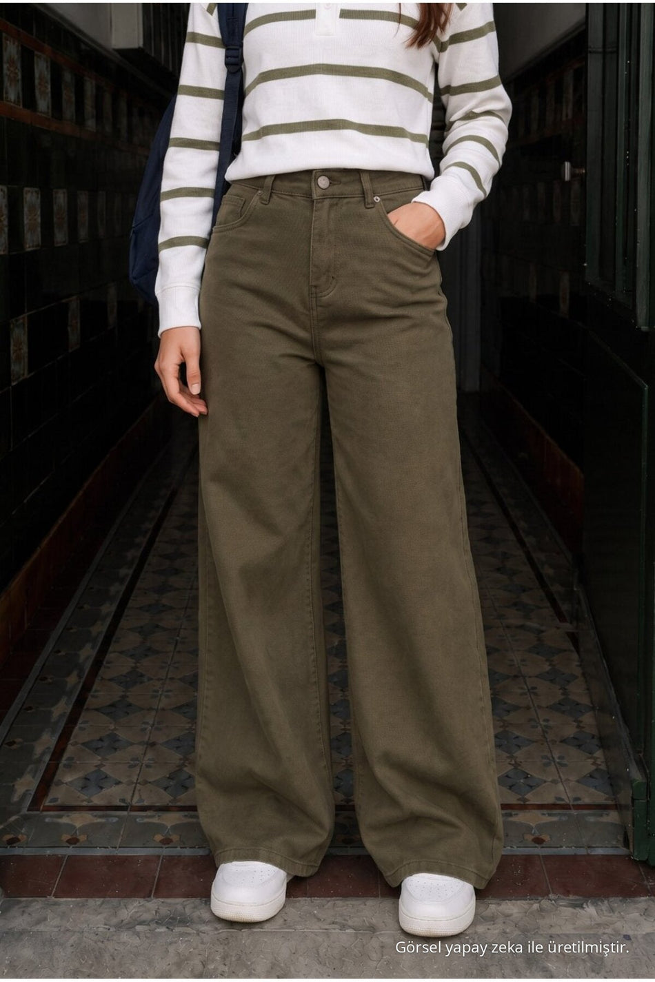 Khaki High Waist Wide Leg Lycra Palazzo School Pants - MALLTURK