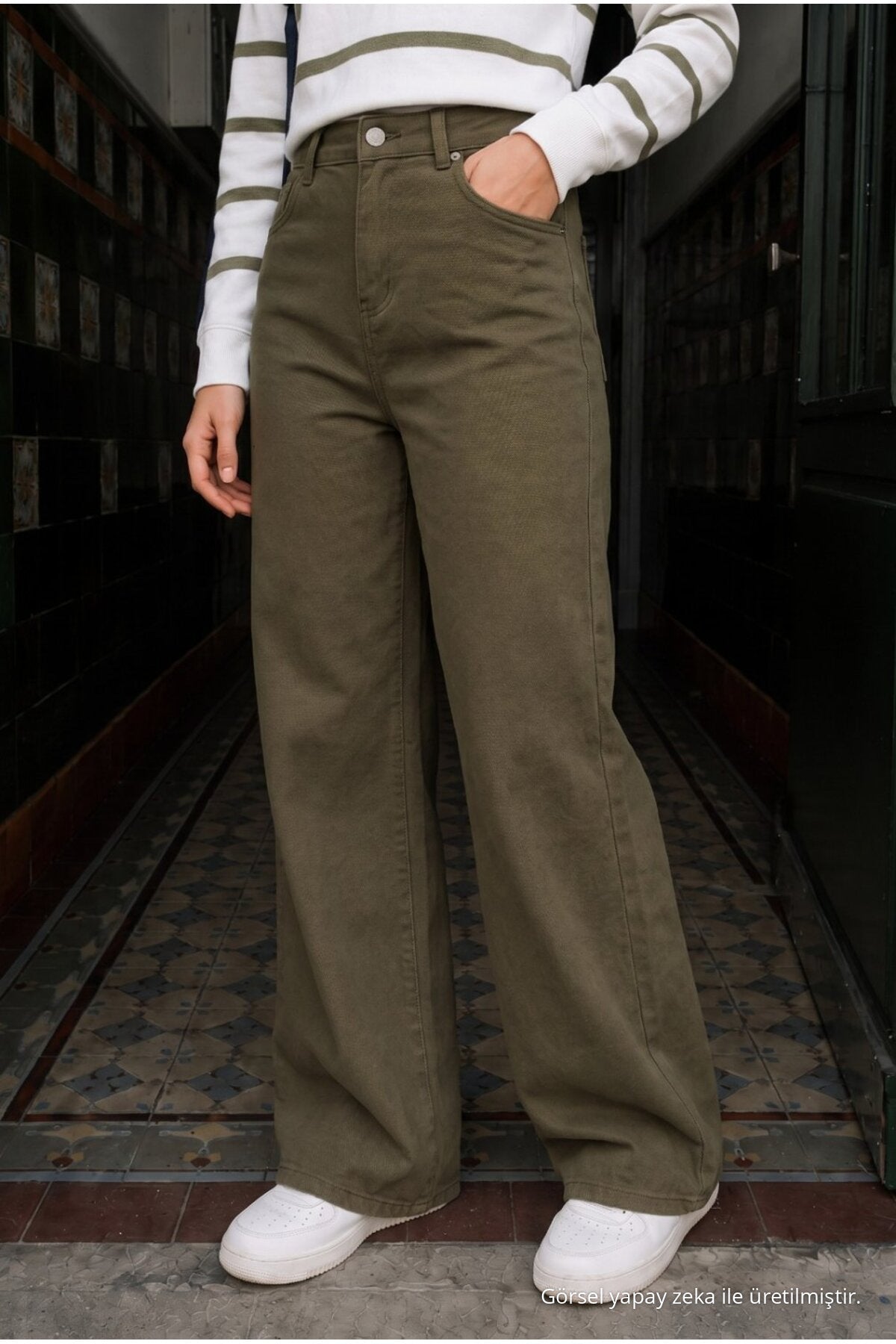 Khaki High Waist Wide Leg Lycra Palazzo School Pants - MALLTURK