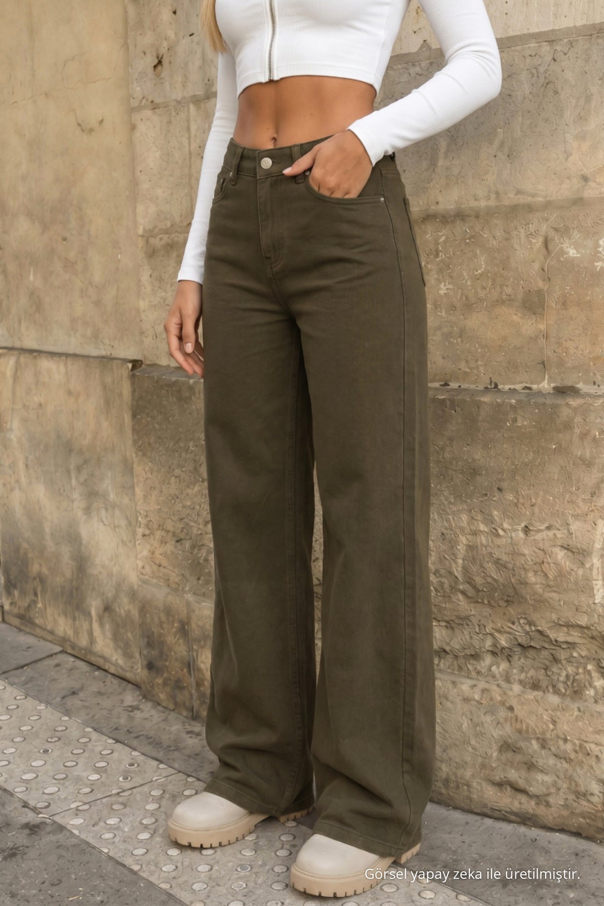Khaki High Waist Wide Leg Palazzo Jeans - MALLTURK