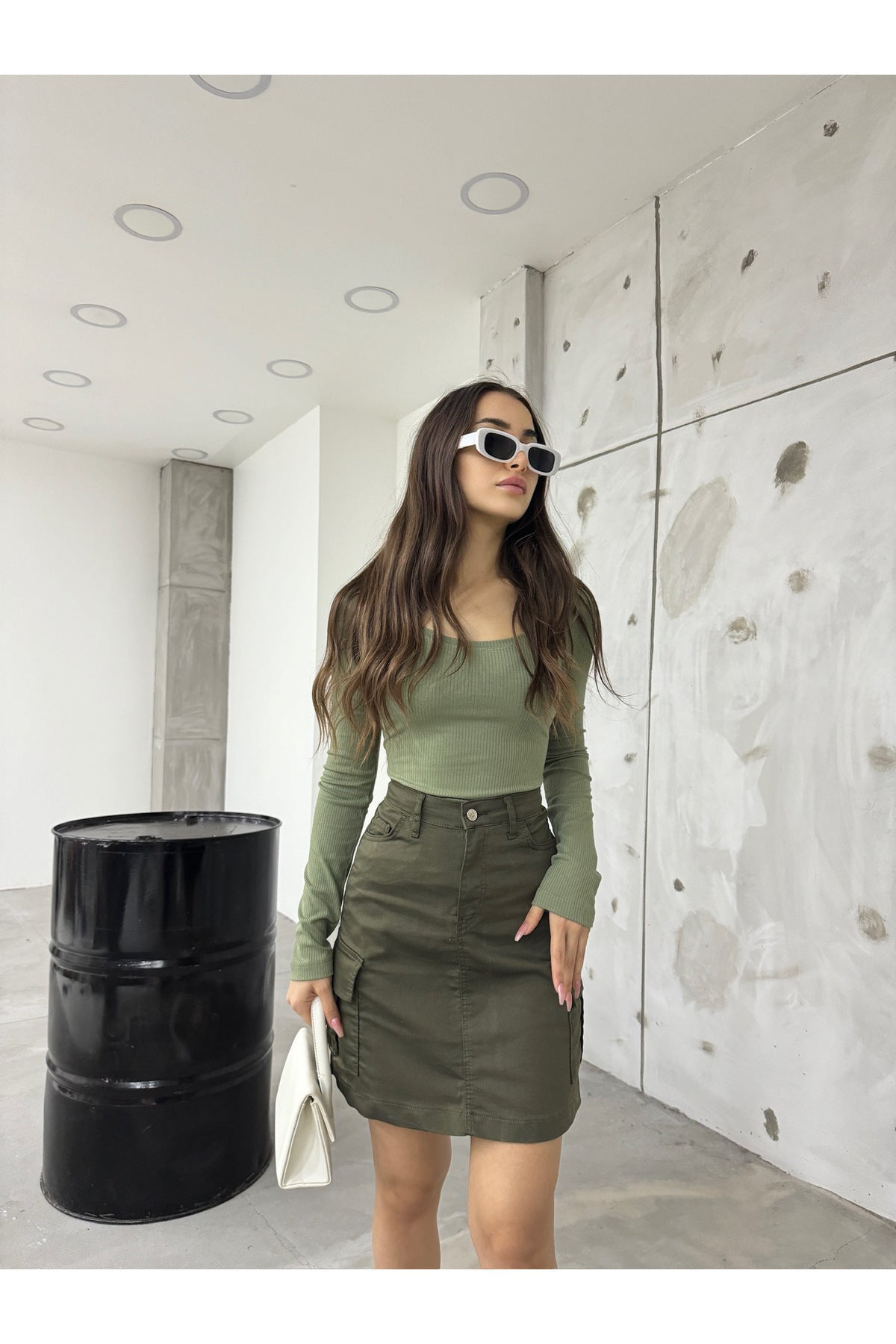 Khaki High-Waisted Cargo Skirt with Pockets - MALLTURK