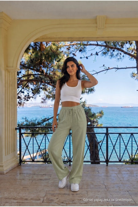 Khaki Linen Blend Loose Fit Elastic Waist Trousers - MALLTURK