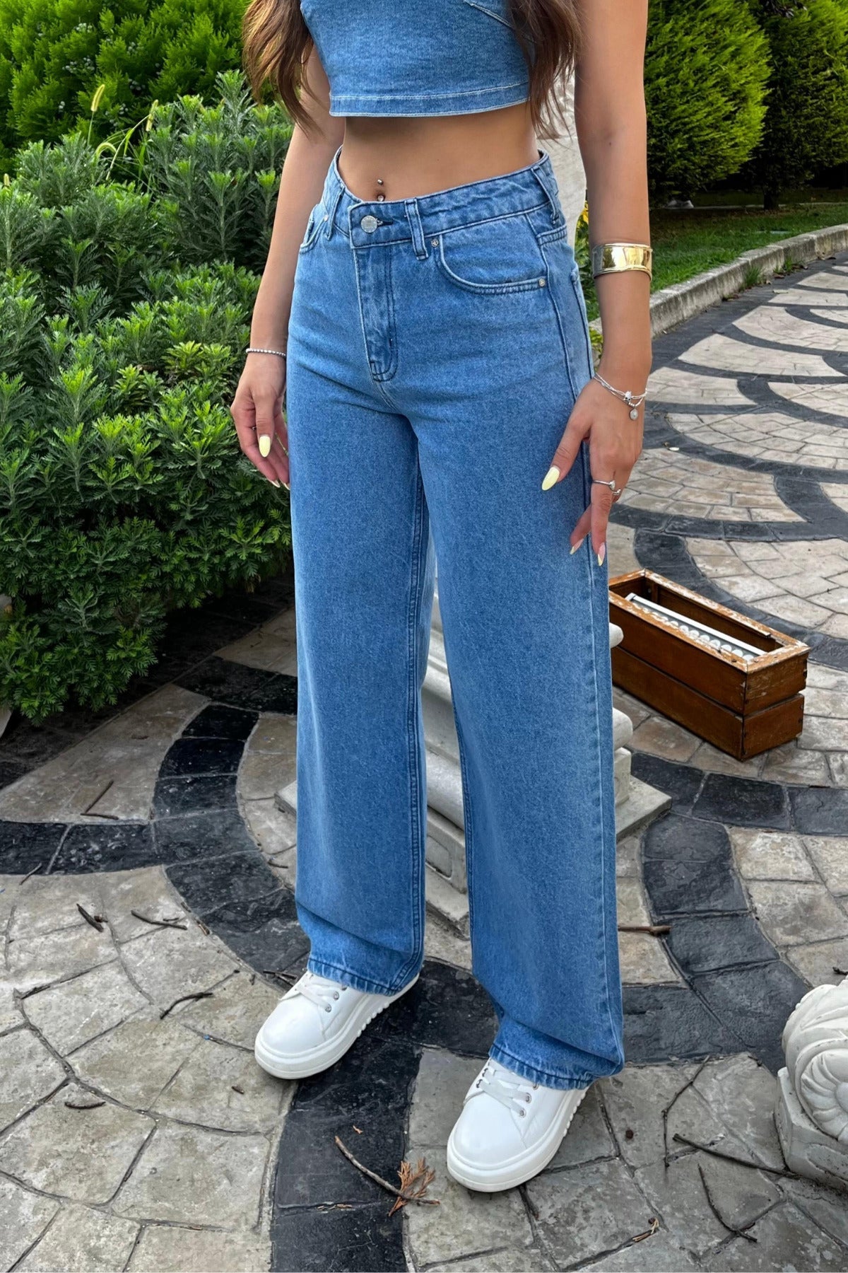 Koyu Mavi Yüksek Bel Wide Leg Jeans - MALLTURK