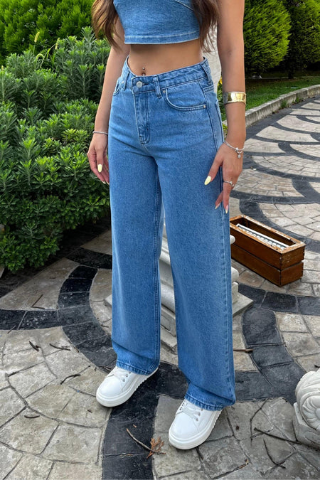 Koyu Mavi Yüksek Bel Wide Leg Jeans - MALLTURK
