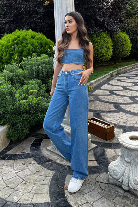 Koyu Mavi Yüksek Bel Wide Leg Jeans - MALLTURK