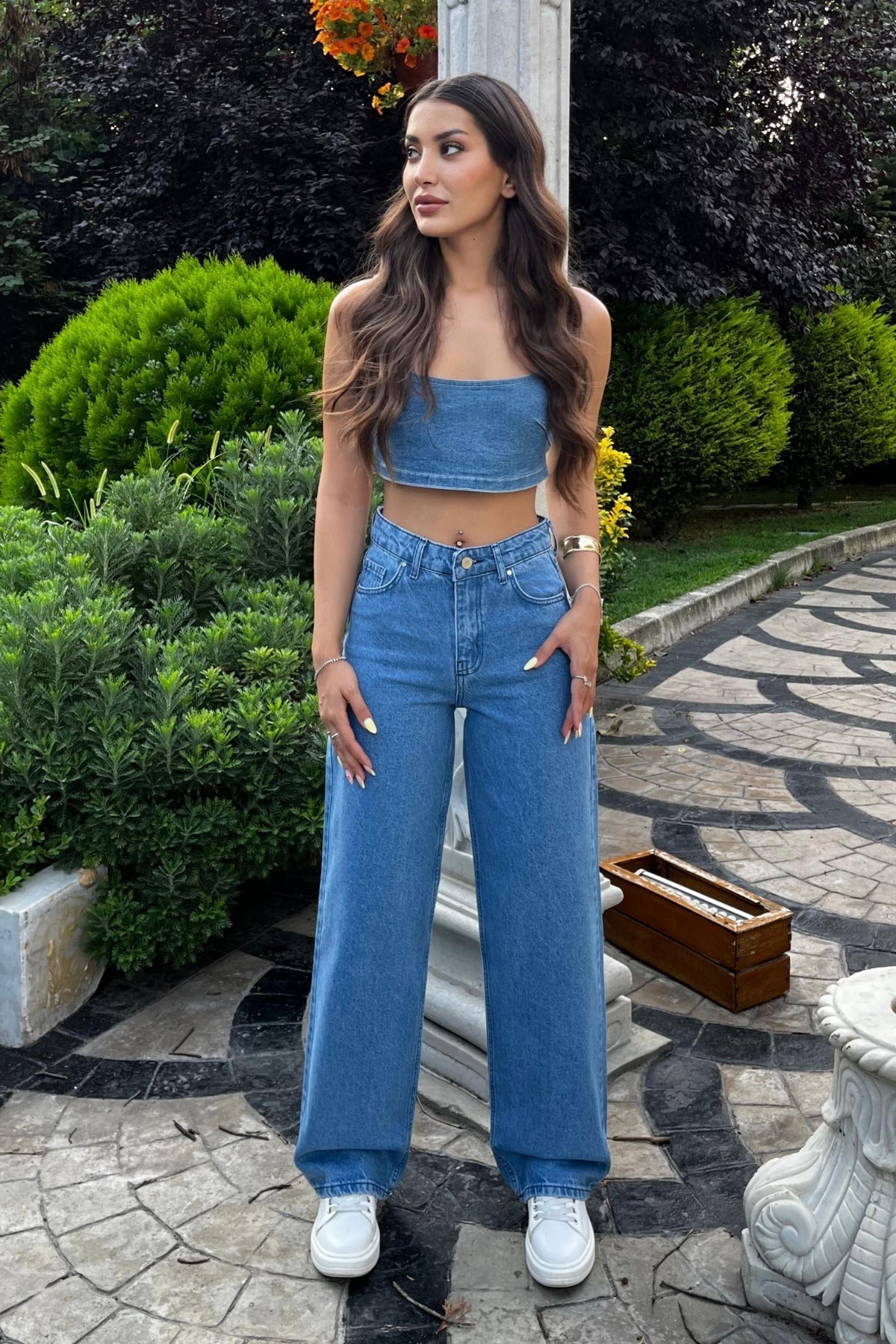 Koyu Mavi Yüksek Bel Wide Leg Jeans - MALLTURK