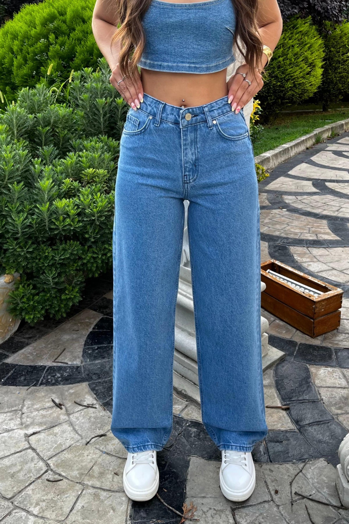 Koyu Mavi Yüksek Bel Wide Leg Jeans - MALLTURK
