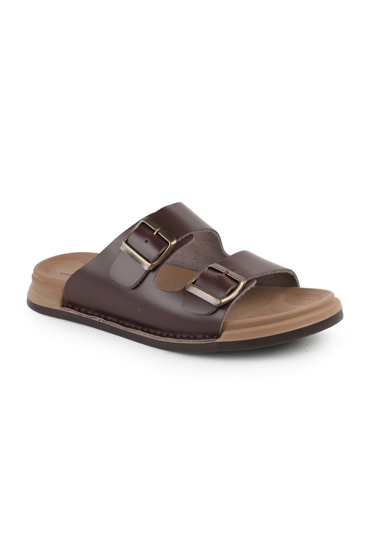 L014.251 Genuine Antique Leather Adjustable Buckle Anatomical Ultra Light Eva Sole Men's Slippers - MALLTURK